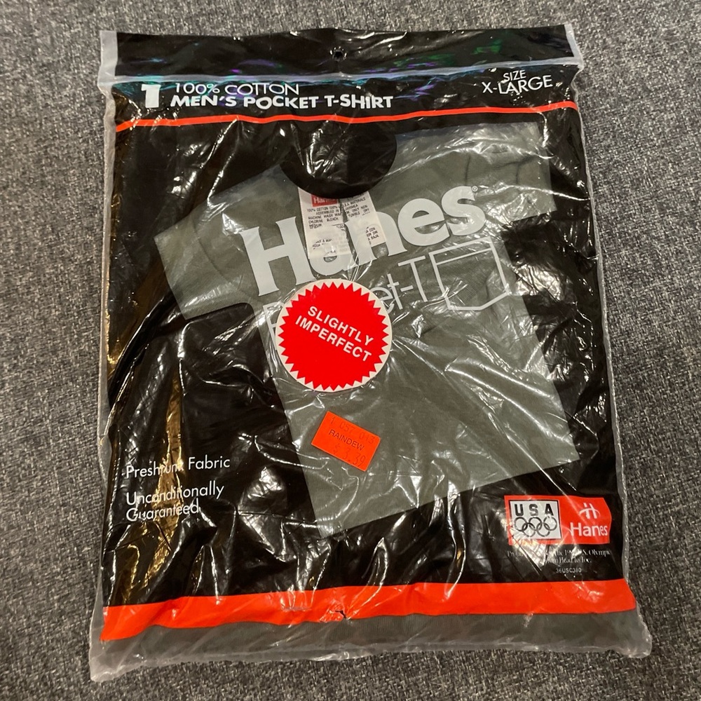 Vintage 1994 Hanes Mens Pocket T-Shirt Gray NOS Deadstock NWT Size XL